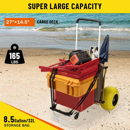 Beach Fishing Cart, 13” Big Balloon Wheels w/Flat-Free Solid PU Tires for Sands, 165LBS Loading
