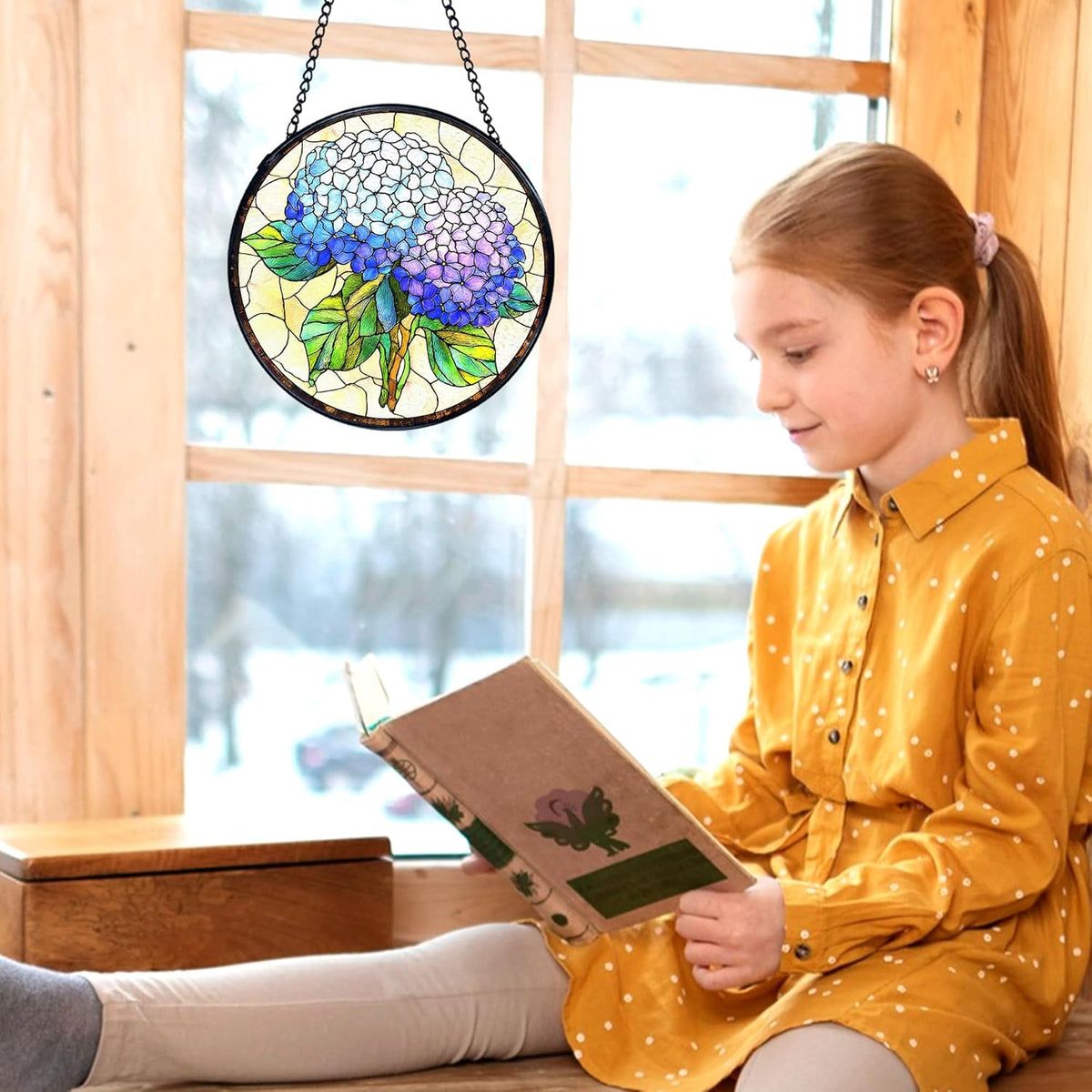 kdqua Hydrangea Flower Suncatcher Stained Glass Window Hanging, Blue Hydrangea Sun Catchers Indoor