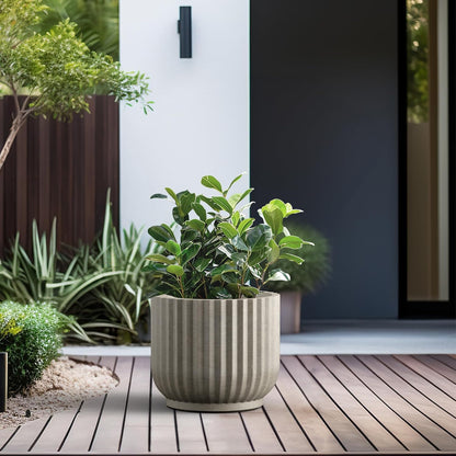 Kante Round Fulted Planter, 14 Inch Dia Large Concrete Plant Pots with Drainage Hole and Rubber