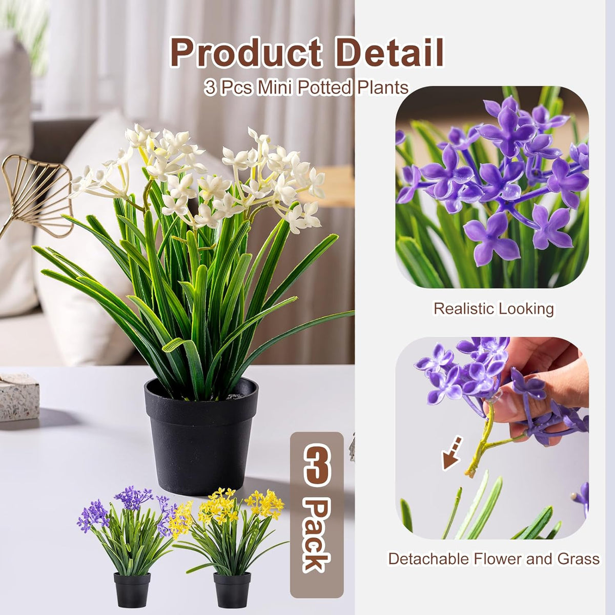 3 Pack Fake Small Plant in Pot Artificial Potted Flowers for Home Decor Fake Flower Plant Greenery