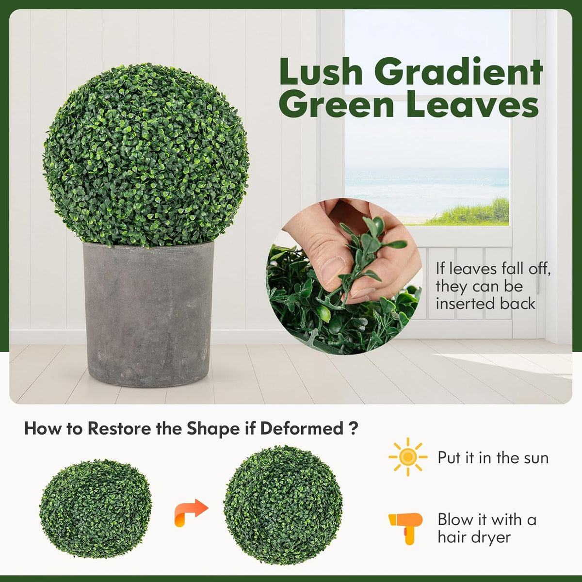 Goplus 2 PCS 16 Inch Artificial Plant Topiary Ball, Round Faux Boxwood Balls Outdoor, Fake Plant