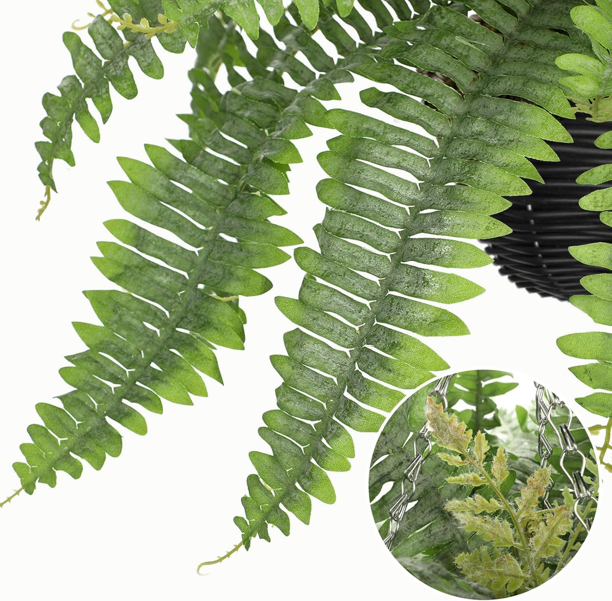Artificial Fern Hanging Basket Plant 25" Boston Ferns 31 Leaves Greenery Plants with Rattan Pot for