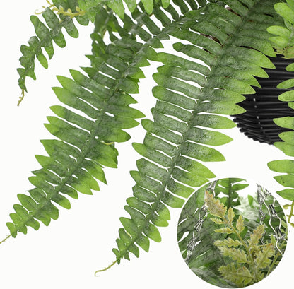 Artificial Fern Hanging Basket Plant 25" Boston Ferns 31 Leaves Greenery Plants with Rattan Pot for