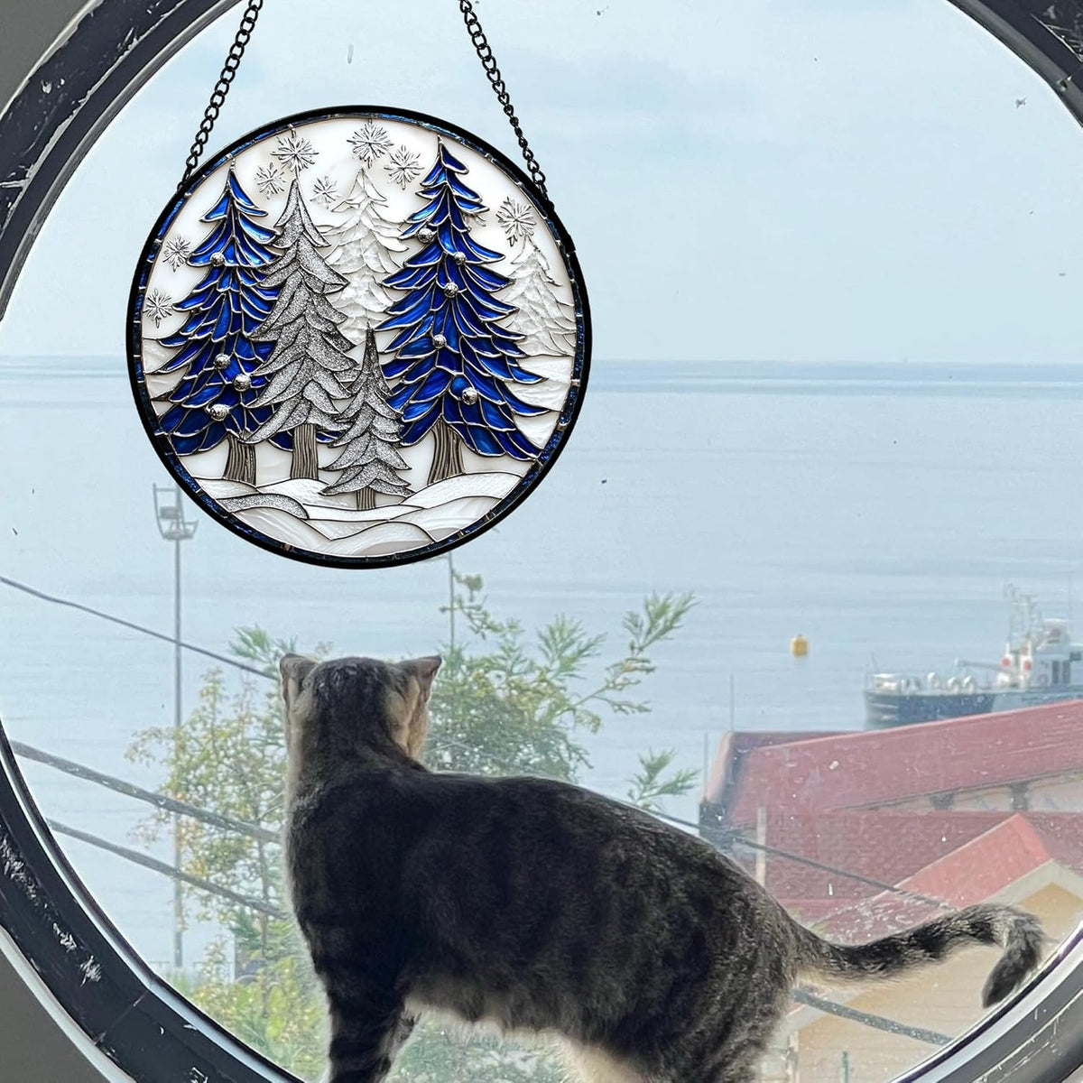 Stained Glass Window Hanging 4 Pcs Set White Winter Christmas Snow Scene Large 15" - Suncatcher