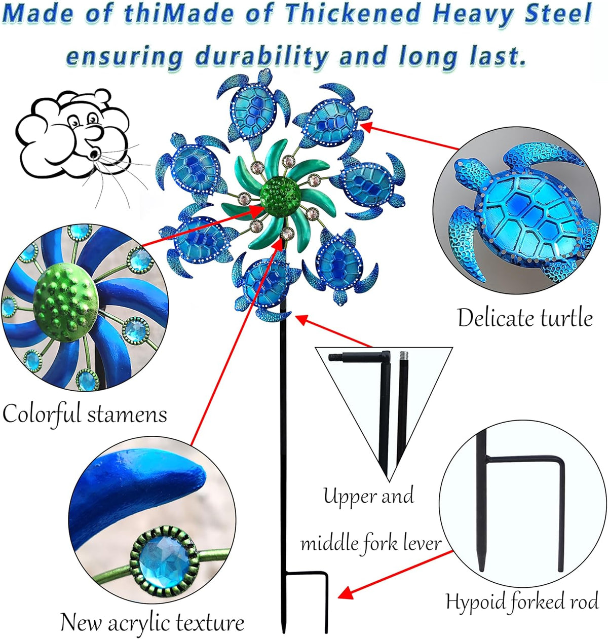 39" Sea Turtle Wind Spinners Metal Garden Stake-Outdoor Ocean Theme Wind Spinners - Metal Stake