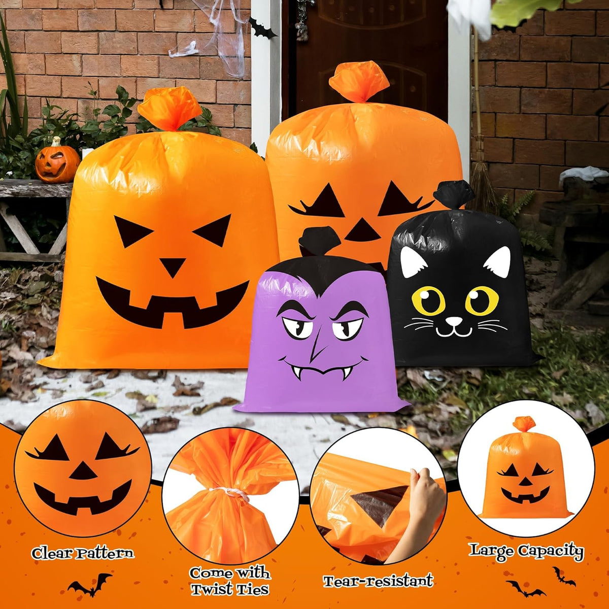 CNhoqc Halloween Lawn Leaf Bags - 8Pcs Halloween Theme Pumpkin Black Cat Ghost Mummy Patterns Waste