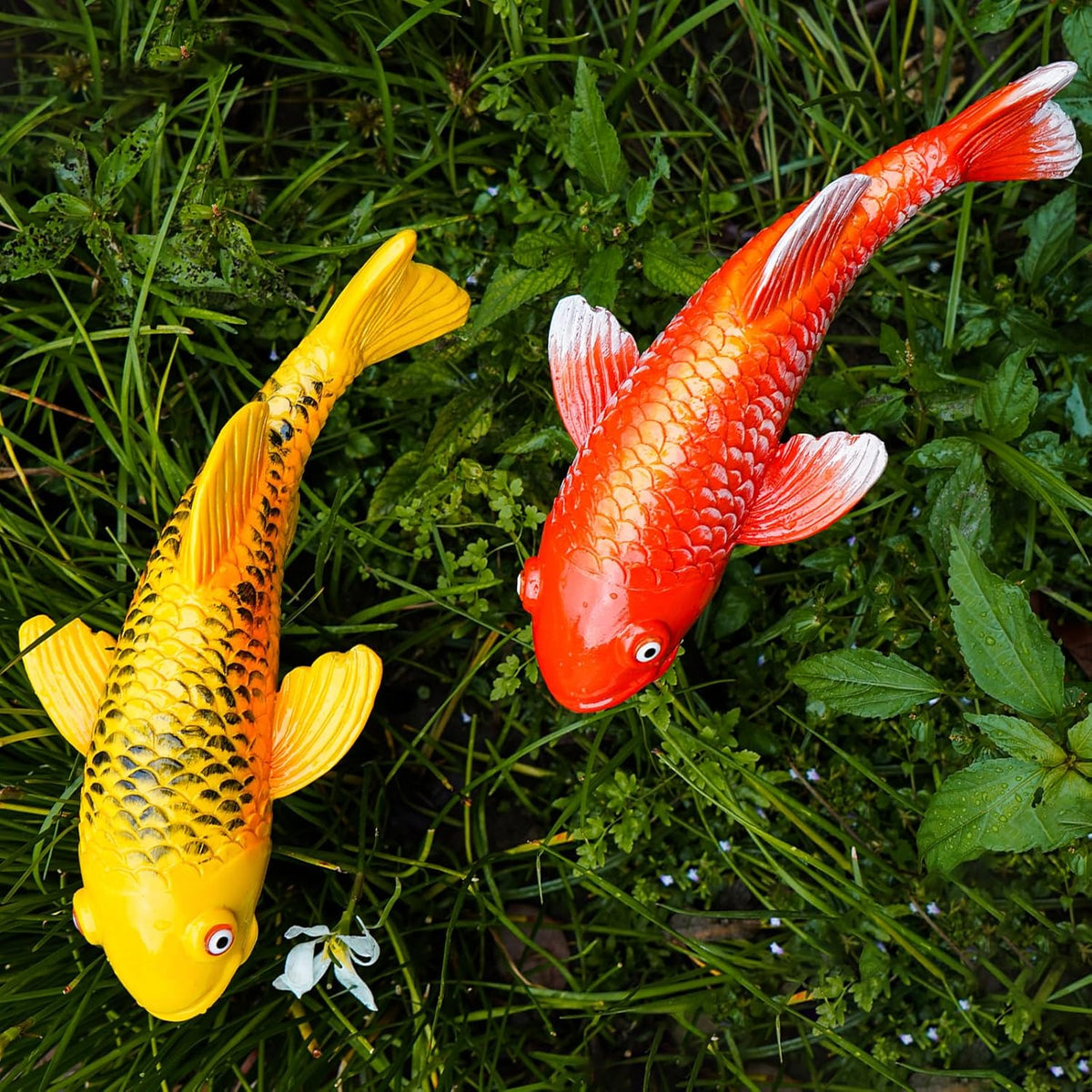 Set of 2 Koi Fish Garden Stakes, Red & Gold Resin Sculptures, Weatherproof Outdoor Patio Pond