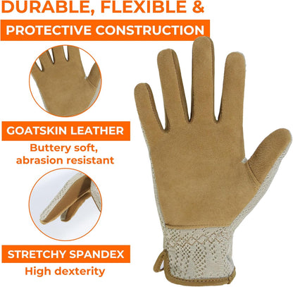 HANDLANDY Gardening Gloves for Women, Breathable Ladies Leather Garden Yard Gloves Best Gift for