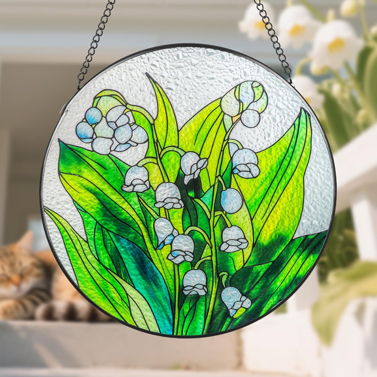 Suncatcher Stained Glass Window Hanging - Flowers Glass Panel with Metal Chain and Hooks Handmade