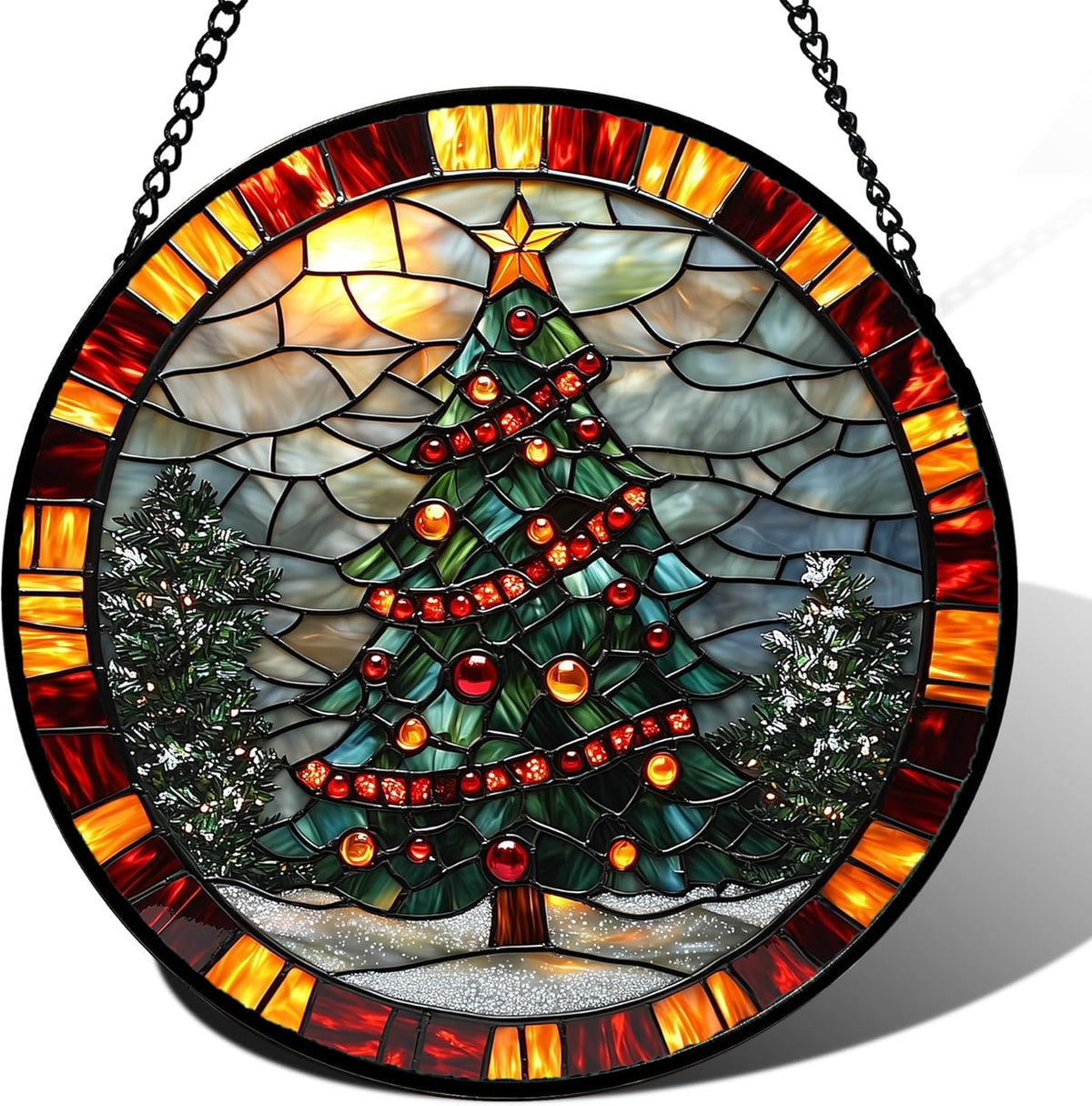 Stained Glass Window Hanging - Winter Christmas Tree Suncatcher Ready to Hang Window Doors Home