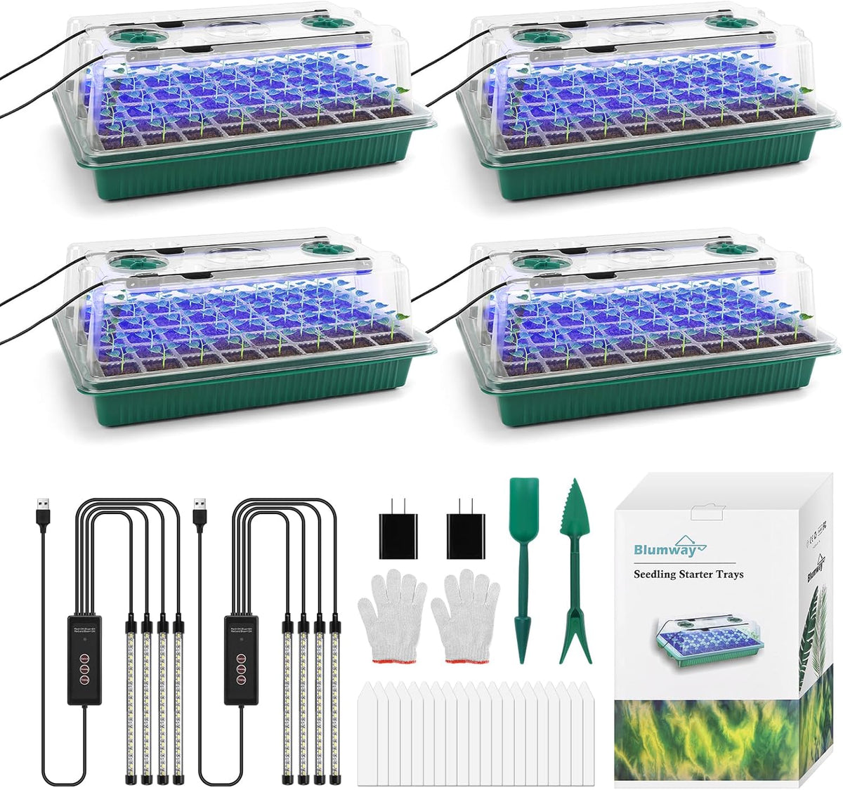 BlumWay Seed Starter Tray with Grow Light,4 Pack 160 Cells Seedling Tray with Humidity Dome/Indoor
