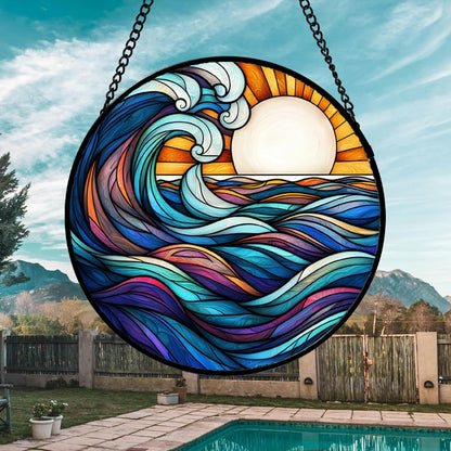 Stained Glass Window Hanging, Big Wave Sun Suncatcher Diamond Glass Panel Hangings Abstract Sun
