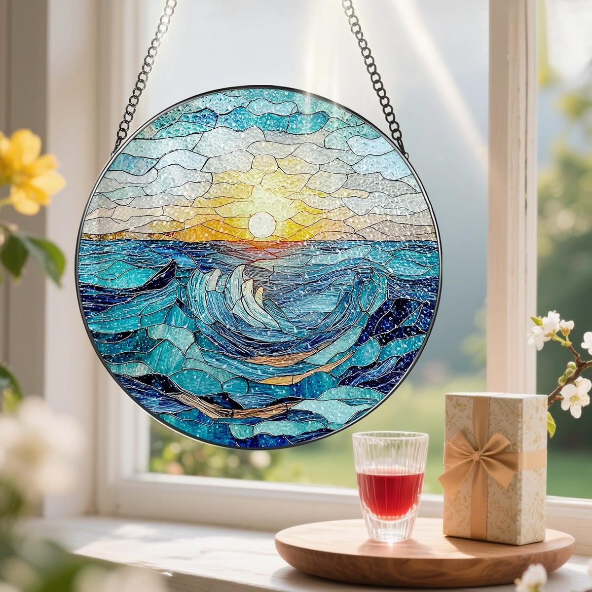 Stained Glass Window Hanging, Pauyadu 8 Inch Beach Stained Glass Suncatcher, Window Decoration