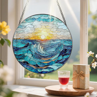 Stained Glass Window Hanging, Pauyadu 8 Inch Beach Stained Glass Suncatcher, Window Decoration