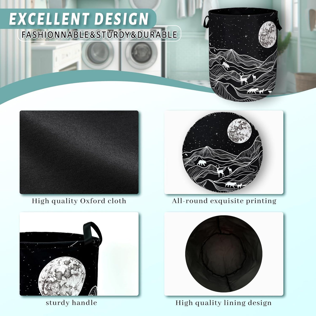 Mountain Laundry Basket Foldable With Handles Deer Bear Moon Tote Bag Oxford Cloth Funny Laundry