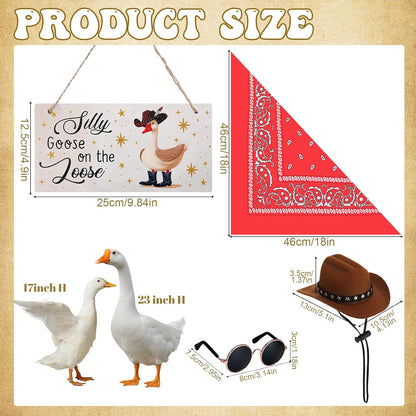 4pcs Western Cowboy Porch Goose Outfits, Silly Goose on The Loose Hangings Sign Cowboy Hat Bandana
