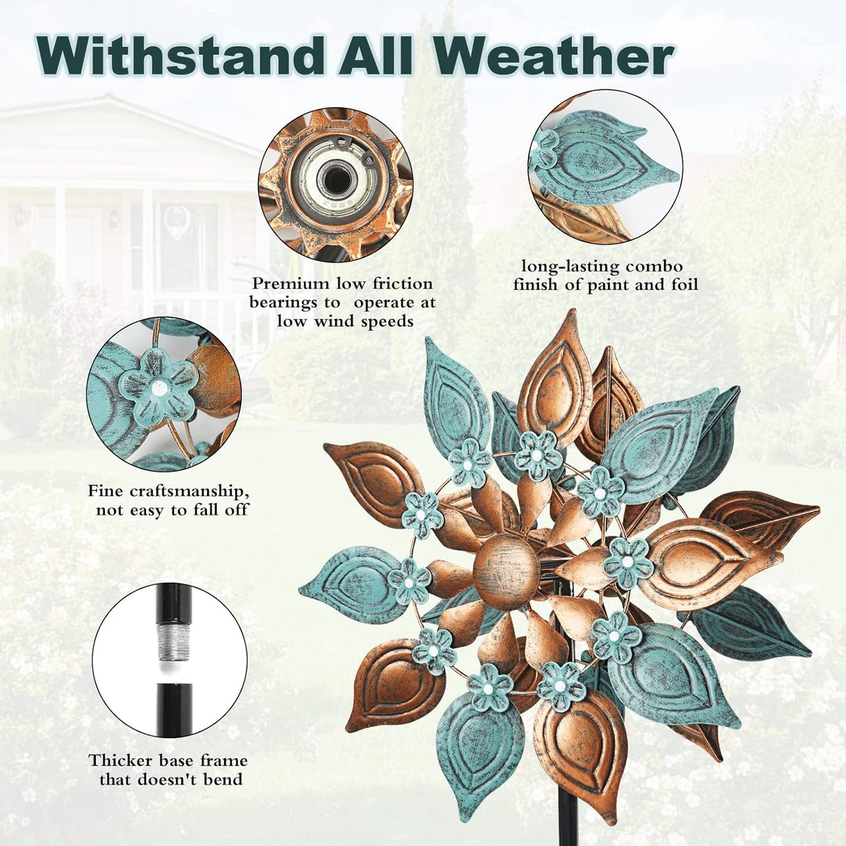 Decoroca Outdoor Wind Spinners Copper - 360 Degrees Metal Swivel Flowers&Leaves Wind Spinners for