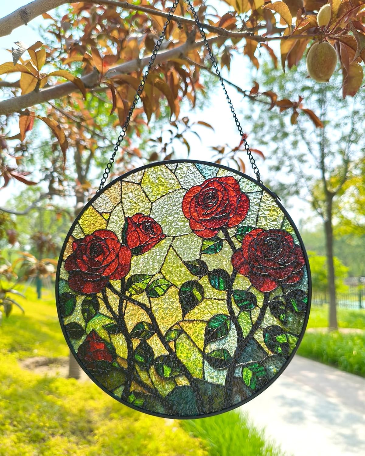 Floral Stained Glass Window Hanging - Rose Design Handmade Suncatcher, Luyseyha 8 Inch Sun Catcher