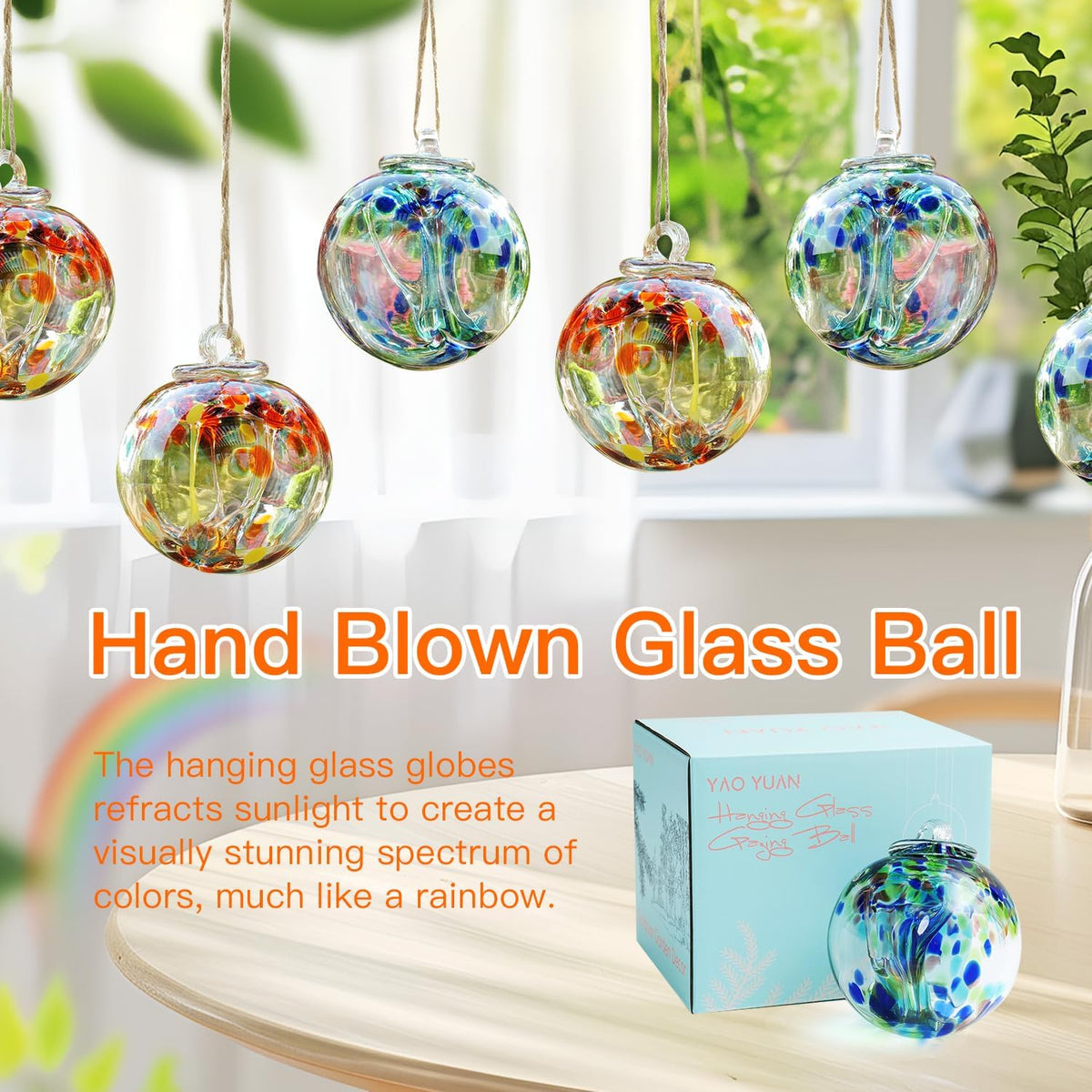 YaoYuan 4 Inch Garden Hanging Gazing Ball Hand-Blown Glass for Hanging Gardens Window Outdoor