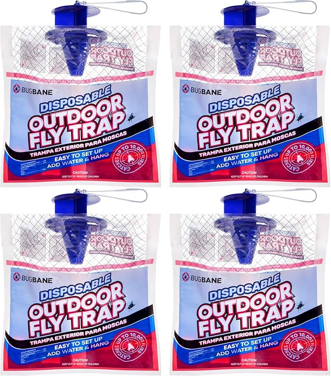 Fly Traps Outdoor Fly Trap for Patio. 4 Non-Toxic Pre-Baited Flies Bags Outdoor Disposable. Hanging