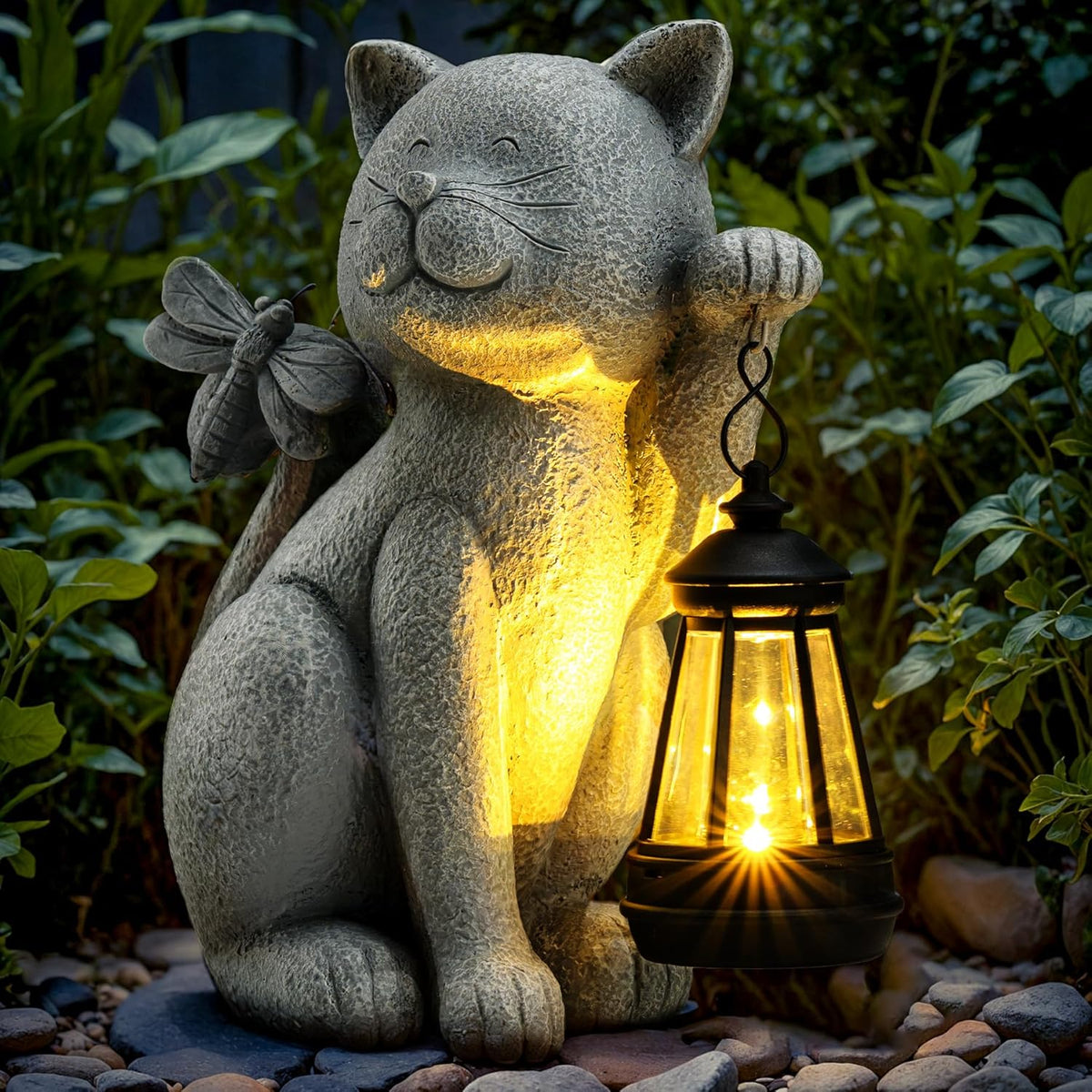 Solar Garden Outdoor Statues Cat with Solar Lantern,Outdoor Cat Figurines Decorations,Lawn Decor