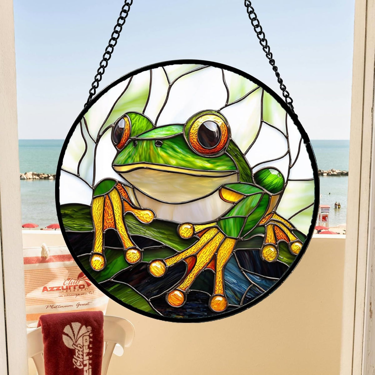 Stained Glass Window Hanging, Green Frog White Petals Sun Catchers Colorful Glass Panel Cute