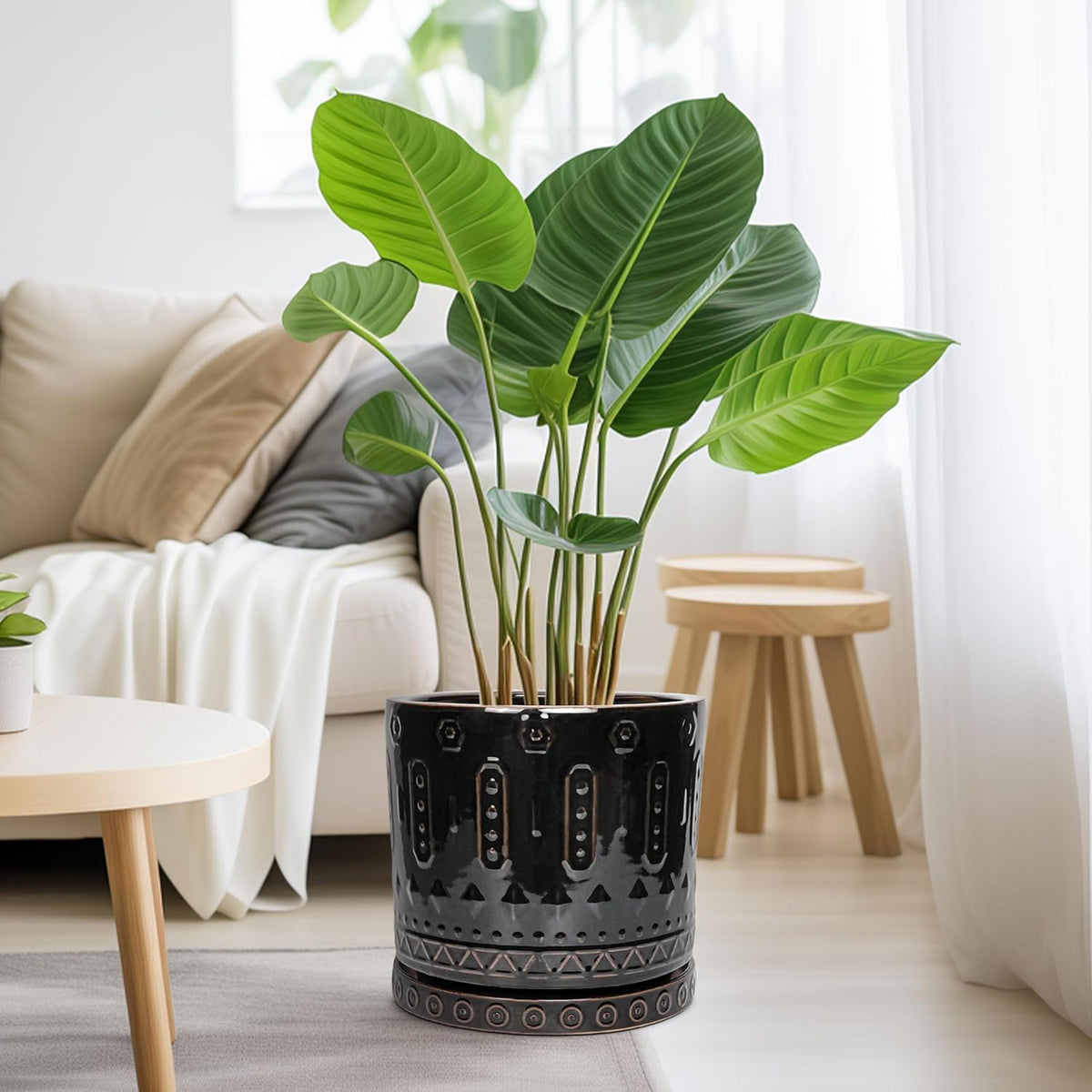 Ceramic Planter for Indoor Plants - 10 Inch Plant Pots with Drainage Hole and Saucer, Round