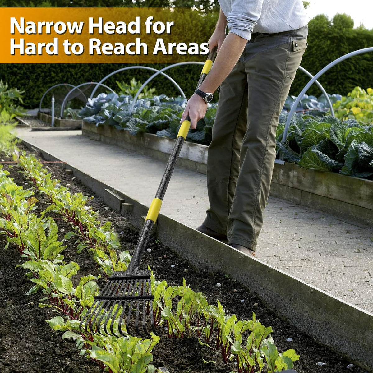 Rake, Garden Leaf Rakes for Lawns Heavy Duty, Yard Metal Rake Tools with 9" Small Narrow Rake Head