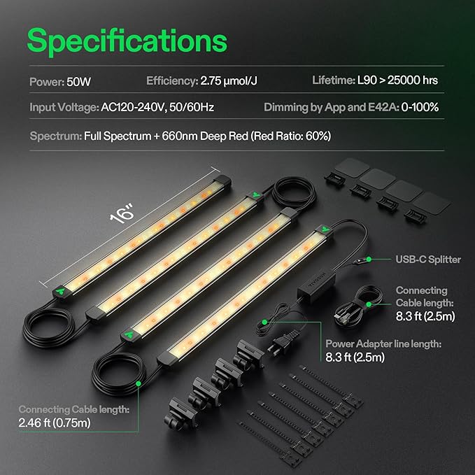 VIVOSUN Lumaray LED Grow Light Bars 16”(4-Bar), Full Spectrum Side Lighting with 60% Red Light up