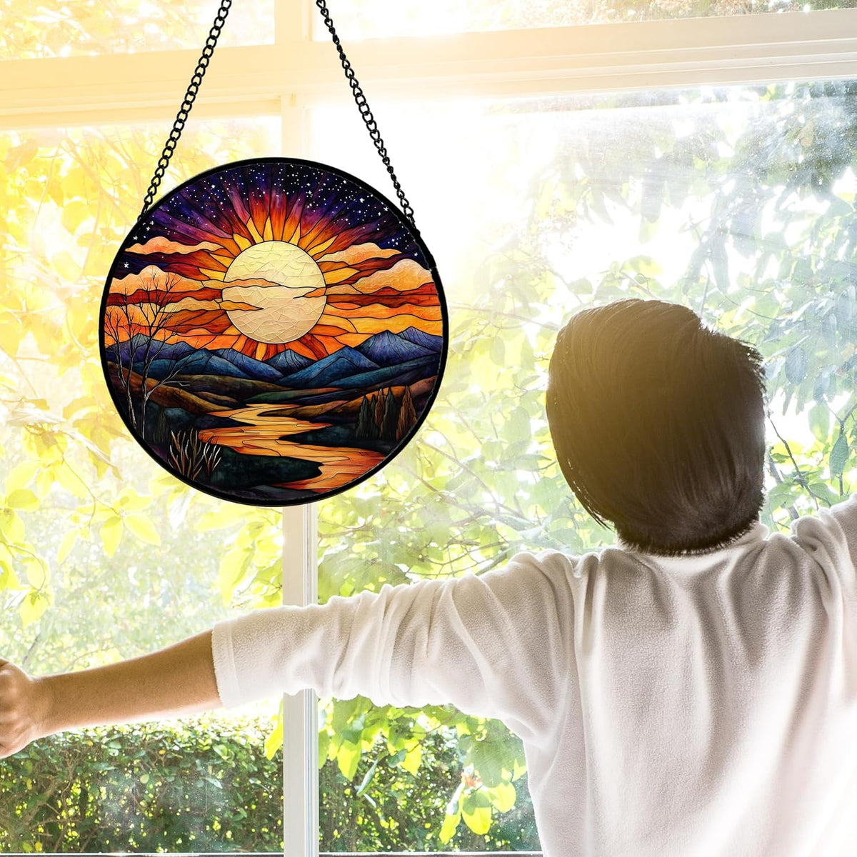 Stained Glass Window Hanging, The Sun Shines Brightly on Lake Sun Catchers Colorful Glass Panel