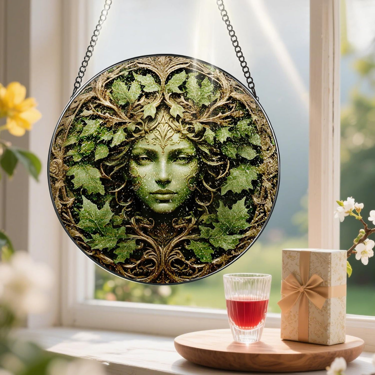 Green Man Stained Glass Suncatcher, Stained Glass Window Hanging, 8 Inch Window Decor Hanging, Gift