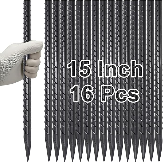 VVOKGO Rebar Stakes 15 Inches Ground Concrete Form Stakes (16pcs), 3/8" Diameter Straight Metal