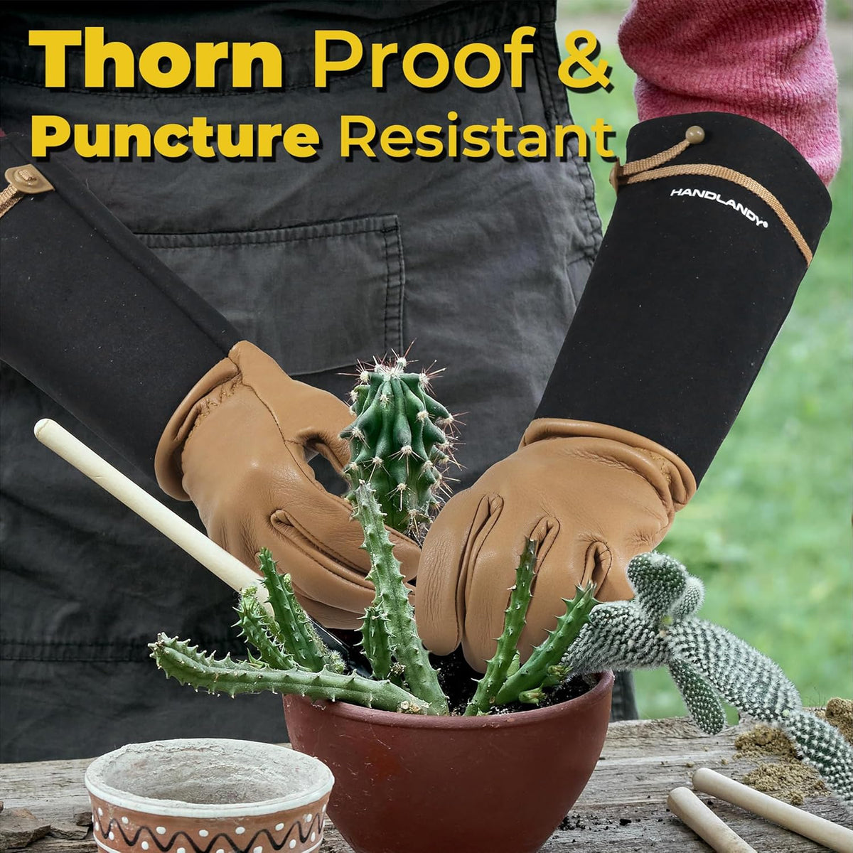 HANDLANDY Long Gardening Gloves for Men & Women, Cowhide Leather Rose Pruning Gloves, Breathable