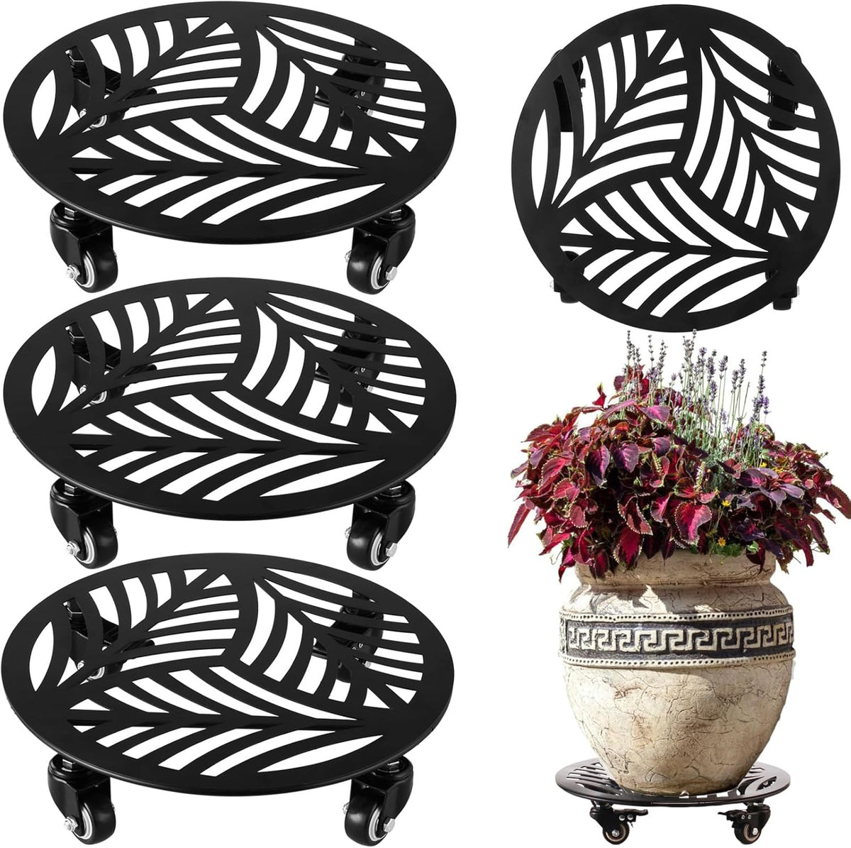 3 Packs Large Metal Plant Caddy with Wheels 13 Inches Heavy-duty Wrought Iron Rolling Plant Stands
