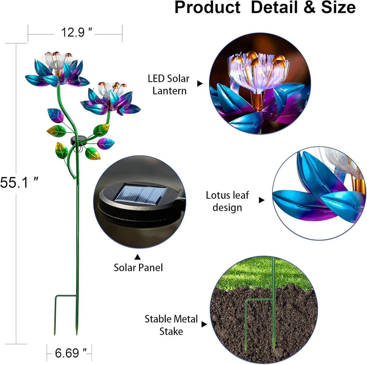 55'' Solar Powered Kinetic Wind Spinner Sculpture Blue Lotus Metal Stake Spinner for Patio, Lawn
