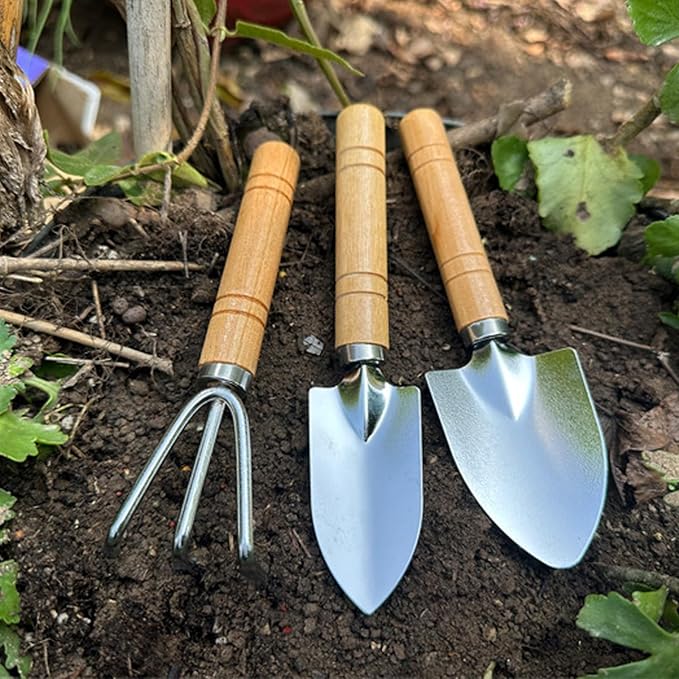 3 Pcs Mini Garden Tools Set Small Tiny Shovel Trowel and Hand Rake with Solid Wood Handle Indoor