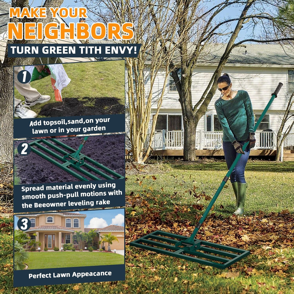 Lawn Leveling Rake Heavy Duty Stainless Steel Lawn Leveling Tool 30”x10” with 78” Adjustable Long