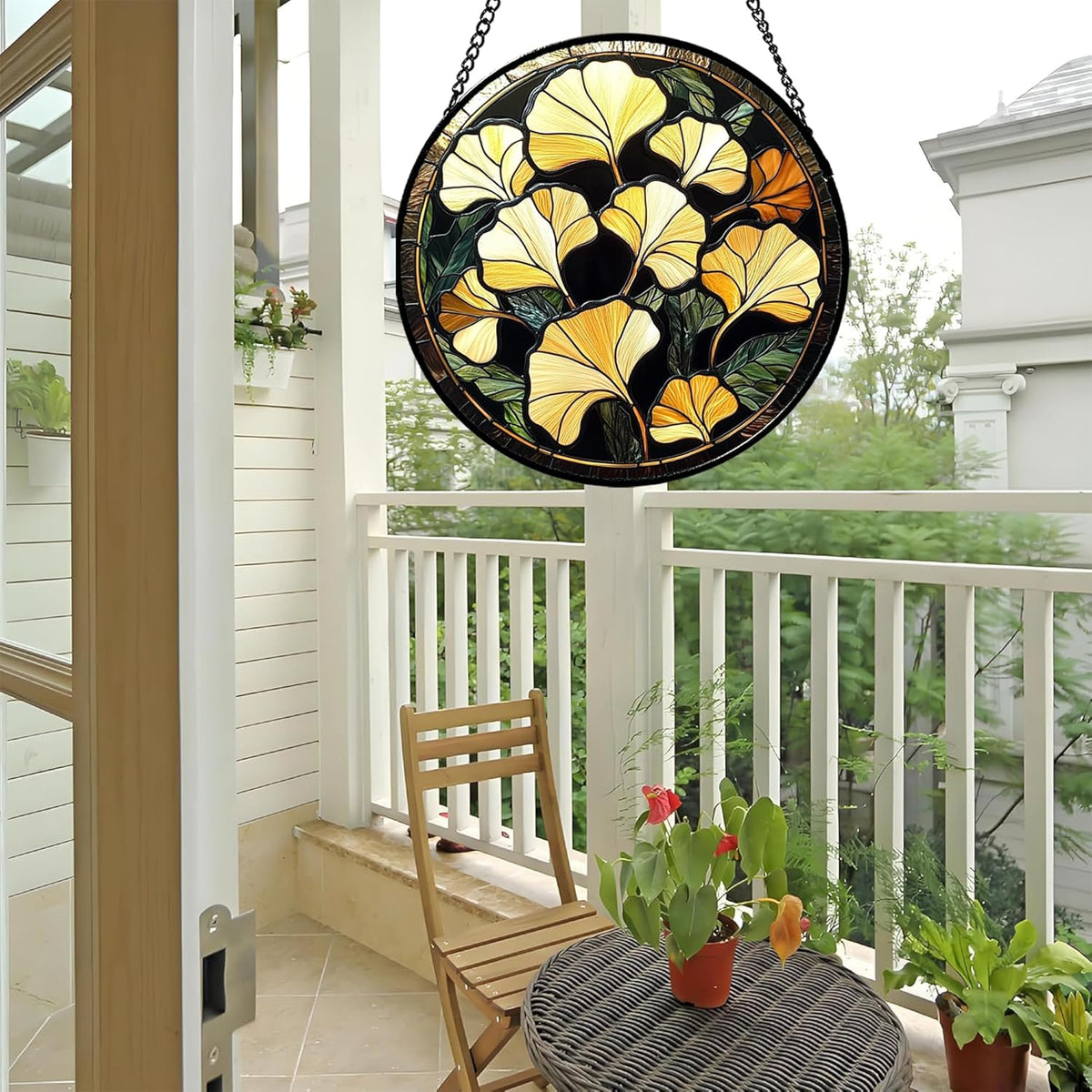 Stained Glass Window Hanging - Ginkgo Leaf Suncatcher for Doors Garden Patio Retro Fall Decor Sun