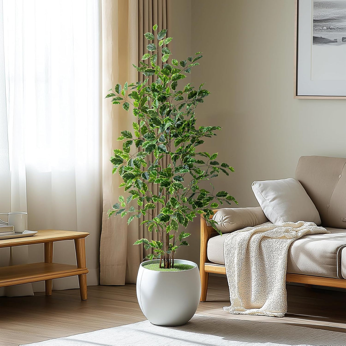Artificial Ficus Tree Indoor 5ft, Large Potted Faux Tree with Realistic Silk Leaves & Trunk for
