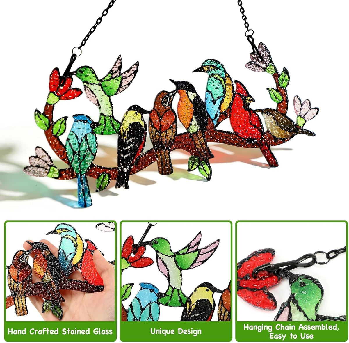 Huray Rayho Birds On Branch Stained Glass Suncatcher Cardinal Hummingbird Kingfisher Double Side