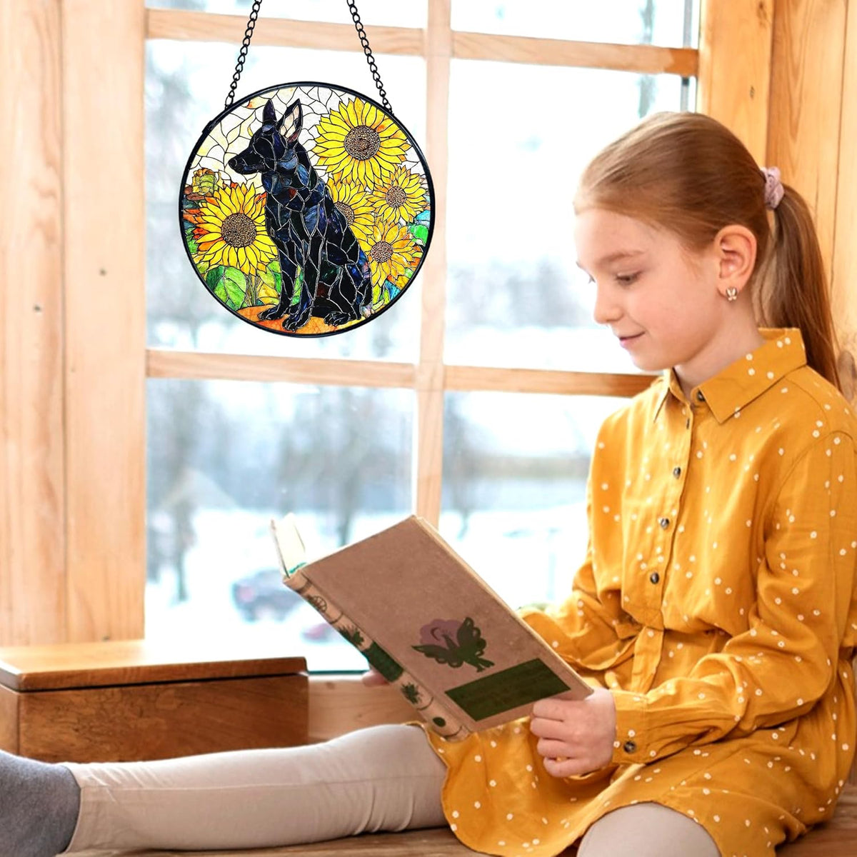 kdqua German Shepherd Sunflower Suncatcher Stained Glass Window Hanging, German Shepherd Gifts Sun