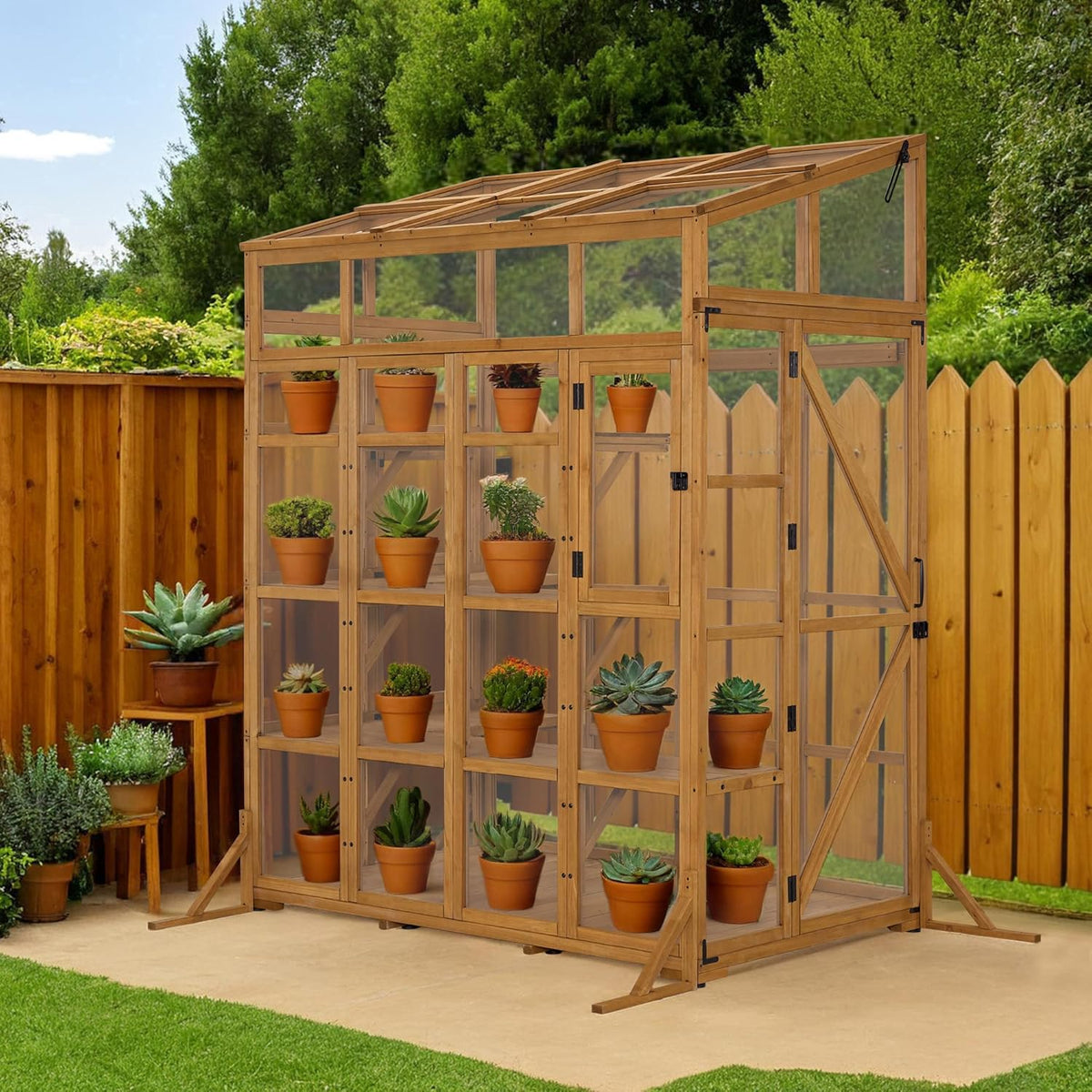 Macrout Wooden Walk-in Greenhouse with Acrylic Panels, Large Greenhouse for Outdoors with Openable