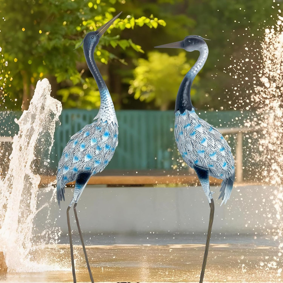 HONGLAND Garden Crane Statues Blue Heron Sculptures for Outdoor Metal Large Birds Lawn Ornaments