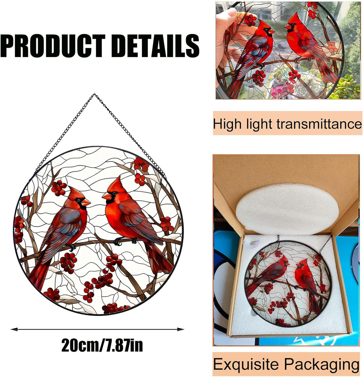 Red Cardinal Stained Glass Suncatcher - Handmade Christmas Window Hanging for Home Garden Deco