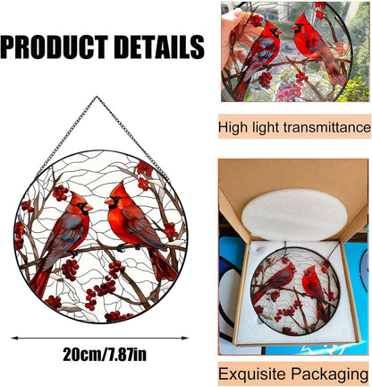 Red Cardinal Stained Glass Suncatcher - Handmade Christmas Window Hanging for Home Garden Deco
