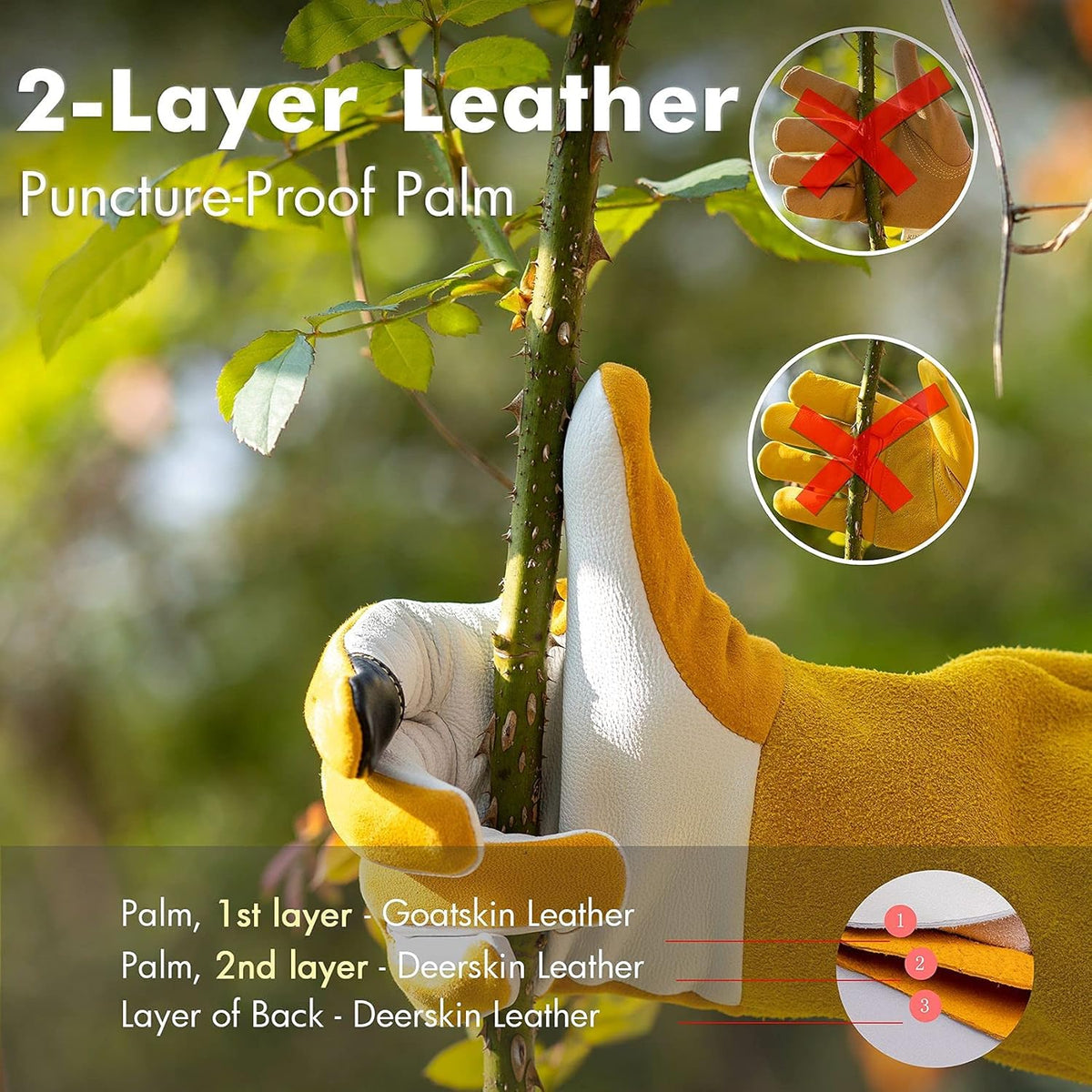 Garden Gloves Women/Men Thorn Proof, Deerskin Suede, 2 Layers Leather Rose Pruning Long Gardening