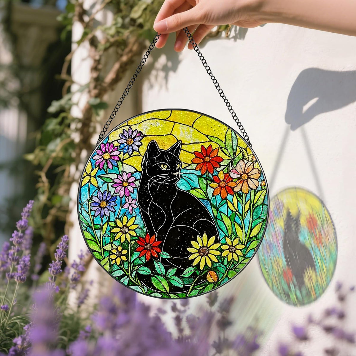 Black Cat Stained Glass Window Hanging, 8 Inch Sun Catchers Indoor Window, Suncatchers for Windows