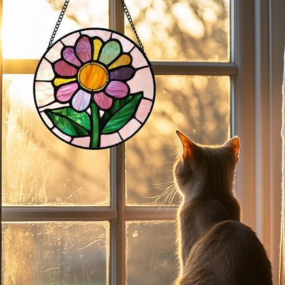 Stained Glass Window Hanging 4 Pcs Set Pink Floral Theme Large 15" - Flowers Suncatcher Door Garden