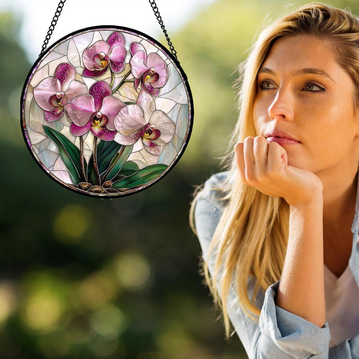 Stained Glass Window Hanging - Pink Purple Phalaenopsis Flowers Sun Catcher for Door Home Decor