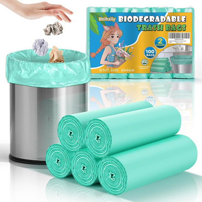 2 Gallon Mini Green Trash Bag - Small Garbage Bags For Bathroom Can 100 Count 7.5 Liter Unscented